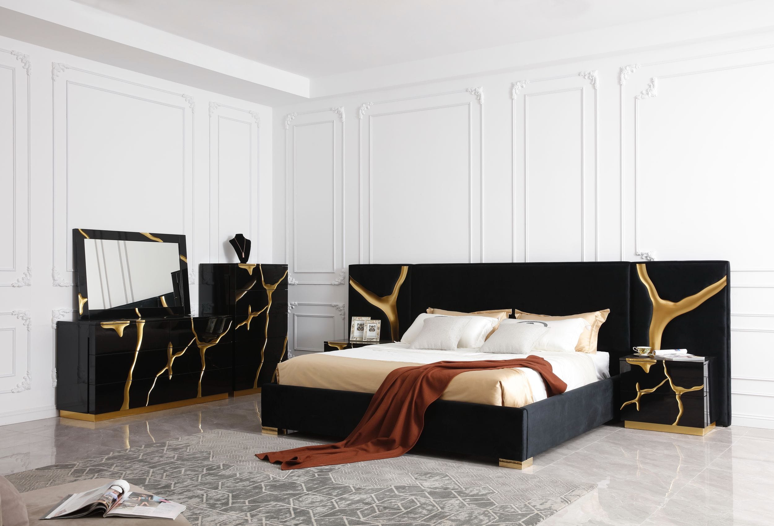 Aspen - Modern Wide Black and Gold Nightstand