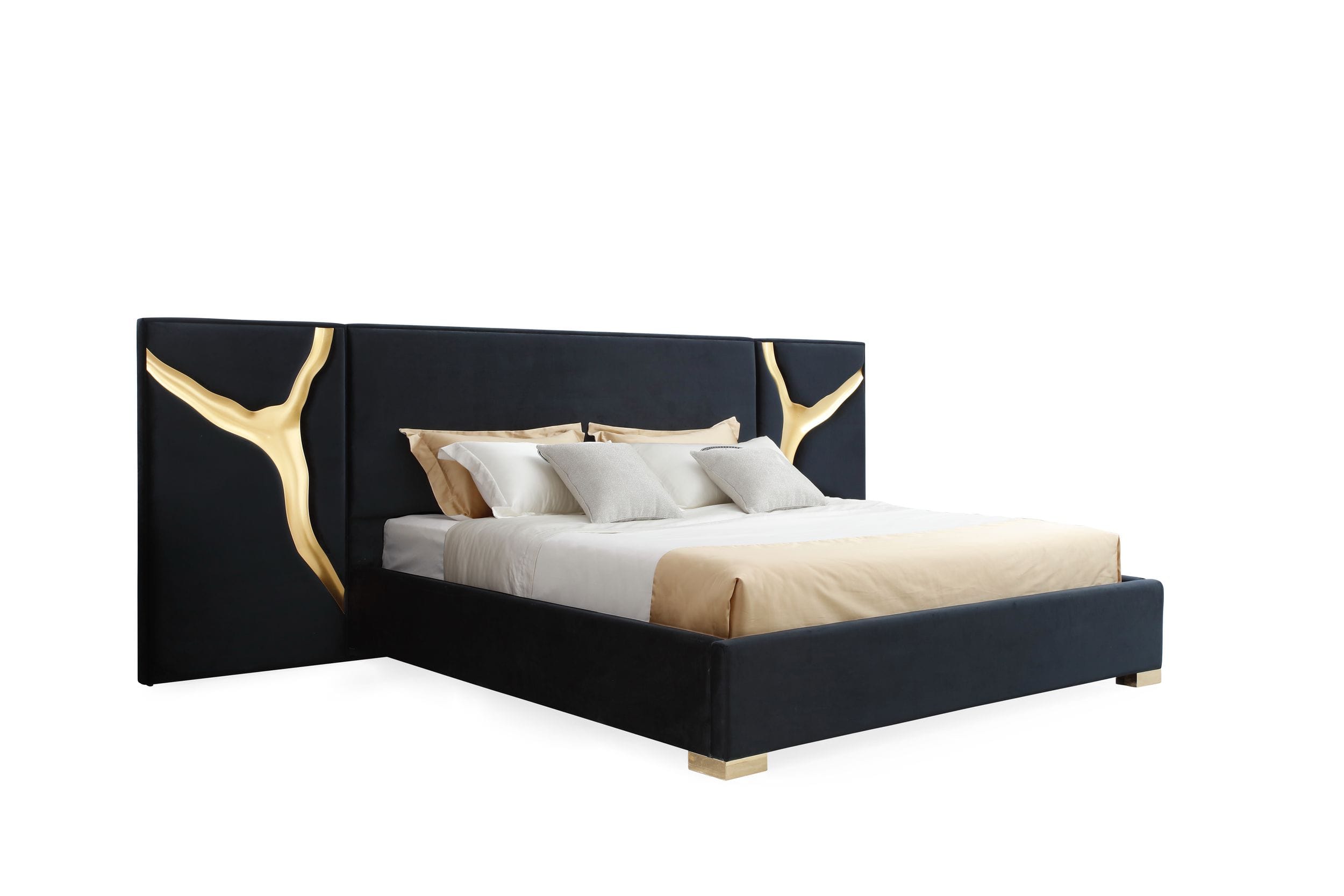 Aspen - Eastern King Modern Black + Gold Bed + Nightstands - Eastern King Modern Black + Gold Bed + Nightstands