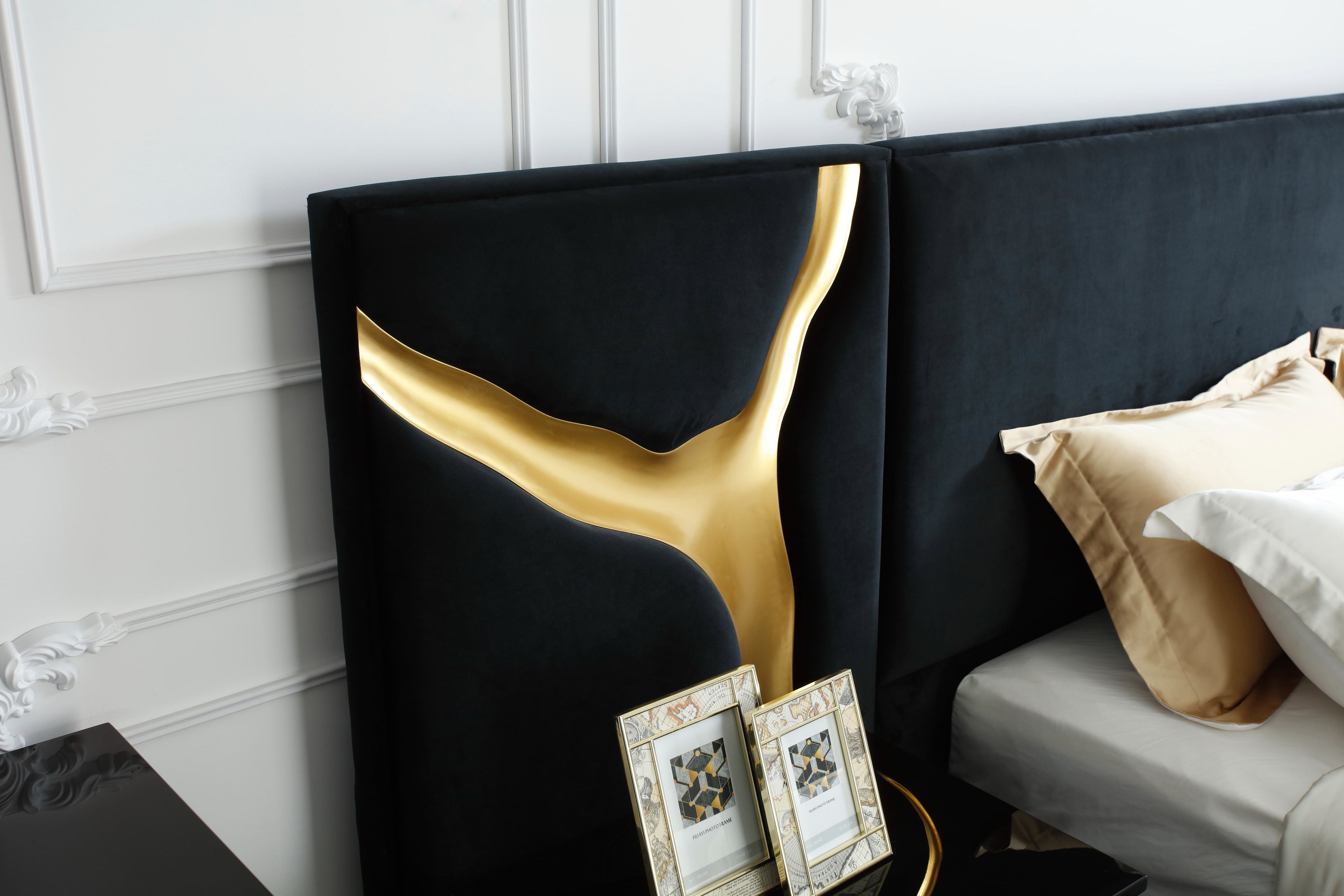 Aspen - Eastern King Modern Black + Gold Bed + Nightstands - Eastern King Modern Black + Gold Bed + Nightstands