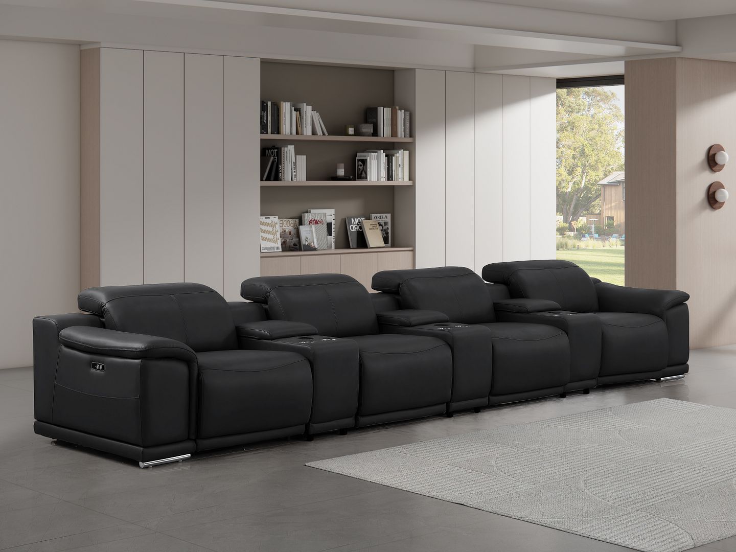 2679 Genuine Leather Sofa with 4 Power Recliners, Power Headrests & 3 Storage Consoles - Black