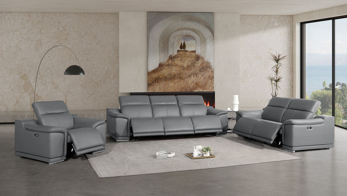 2679 Power Reclining Sofa, Loveseat & Chair Set in Genuine Leather - 6 Recliners - Dark Grey - SKU 2679-DK-GRAY-6.6-HT-3PC - view 2