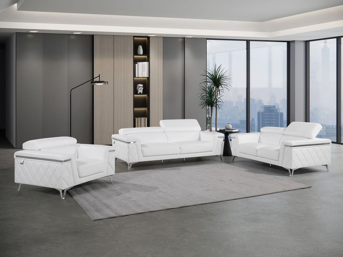 1140 Divanitalia 3-Piece Sofa Set with Adjustable Headrest in Top-grain Italian Leather - White - SKU 1140-WHITE-3PC