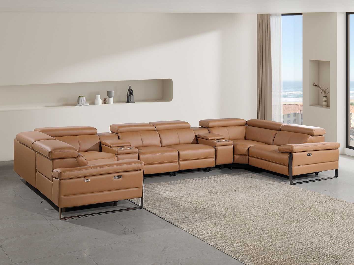 1246 Divanitalia 8-Piece U-Shaped Modular Power Reclining Sectional Sofa with 4 Power Recliners and Power Headrests - Top Grain Italian Leather - Cognac