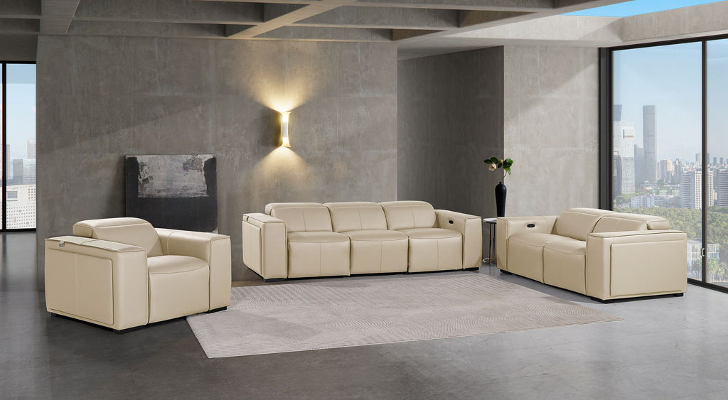 1224 Divanitalia 6-Piece Modular Power Reclining Sofa, Loveseat & Chair Set in Top Grain Italian Leather with 5 Power Recliners & Power Headrests - Beige - SKU 1224-BEIGE-6.5-HT-3PC