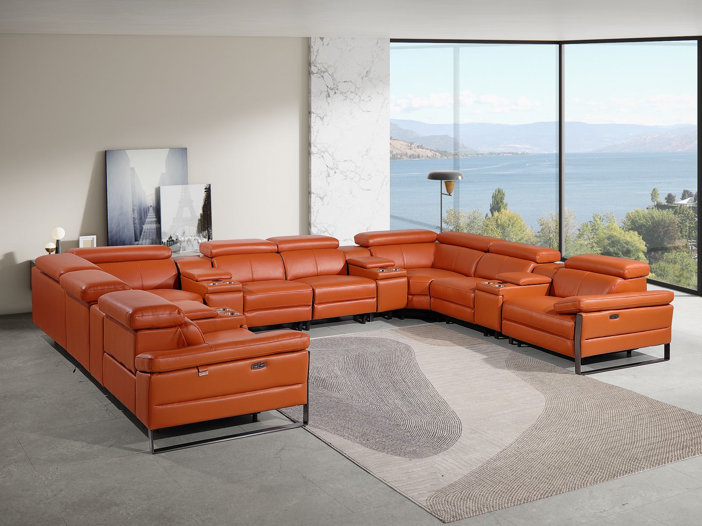 1246 Divanitalia 12-Piece U-Shaped Modular Power Reclining Sectional Sofa with 4 Power Recliners and Power Headrests - Top Grain Italian Leather - Camel