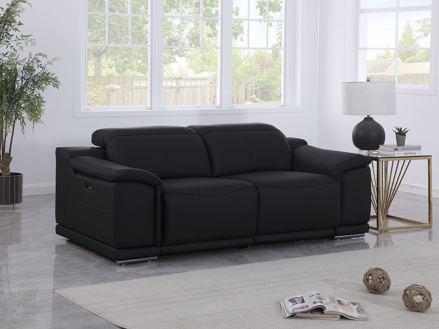 9762 Divanitalia 2-Piece Modular Power Reclining Console with 2 Power Recliners in Top Grain Italian Leather - Black