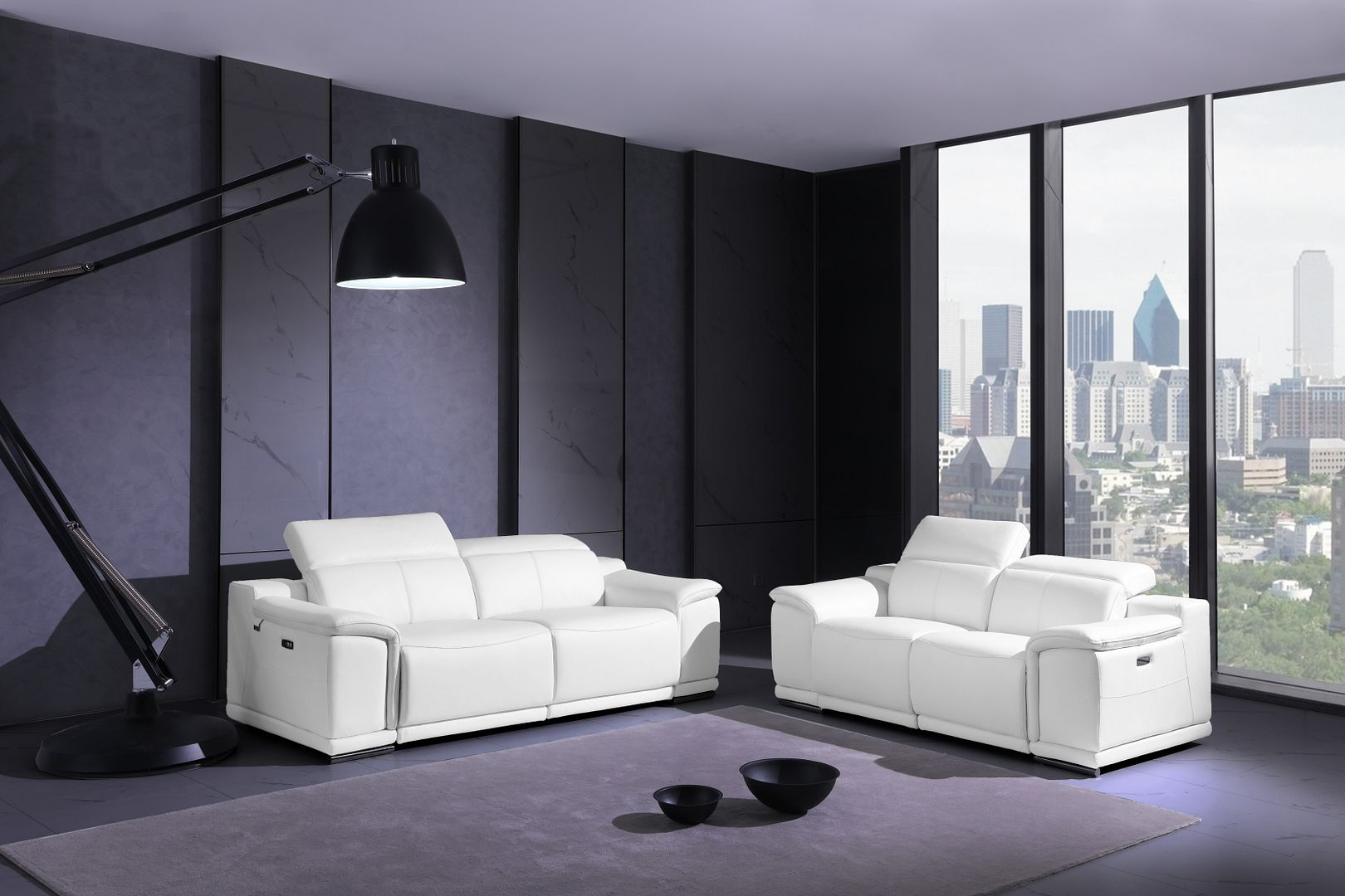 9762 Divanitalia Top Grain Italian Leather Power Reclining Sofa and Loveseat Set with Adjustable Headrests - White