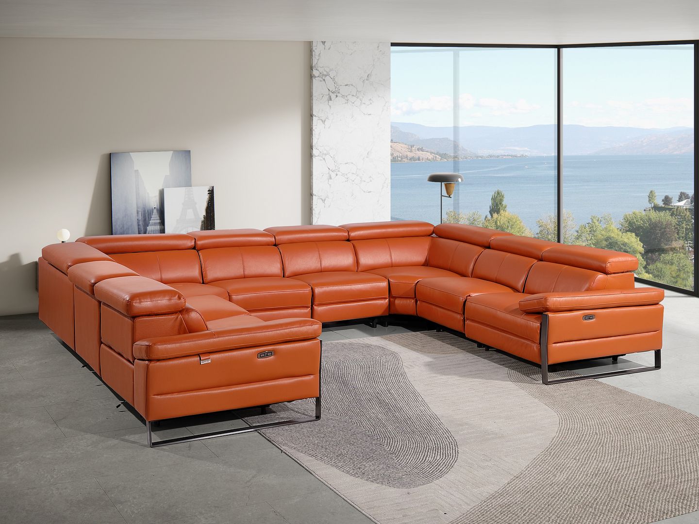 1246 Divanitalia 8-Piece U-Shaped Modular Power Reclining Sectional Sofa with 4 Power Recliners and Power Headrests - Top Grain Italian Leather - Camel