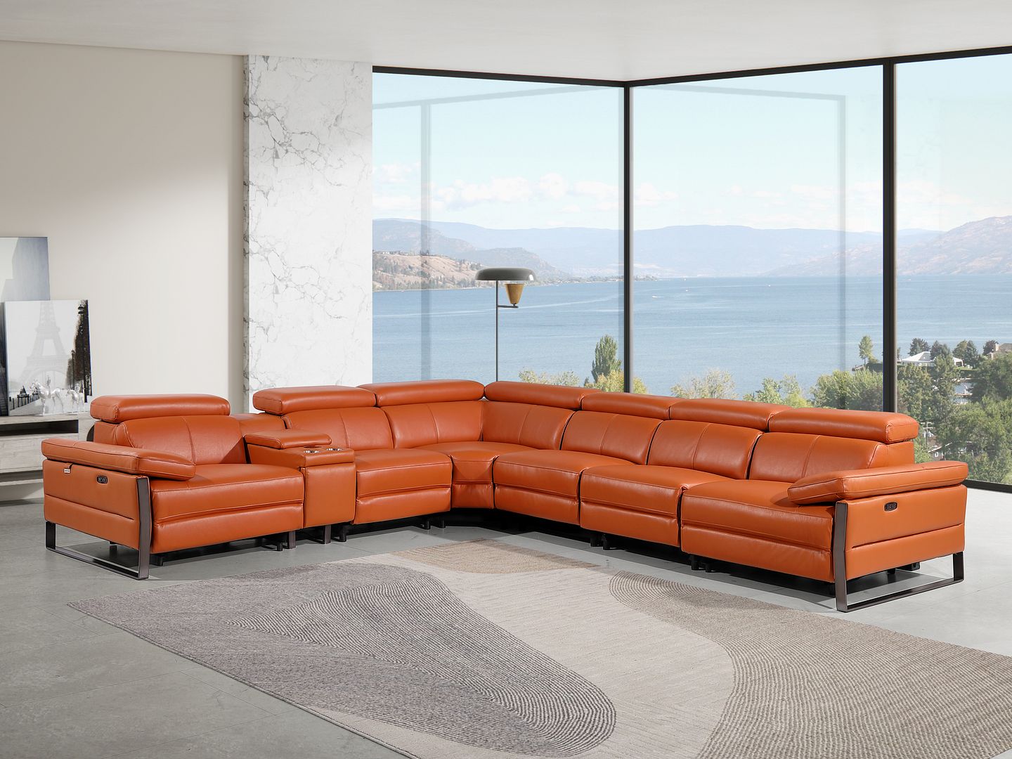 1246 Divanitalia 7-Piece L-Shaped Modular Power Reclining Sectional Sofa with 4 Power Recliners and Power Headrests - Top Grain Italian Leather - Camel