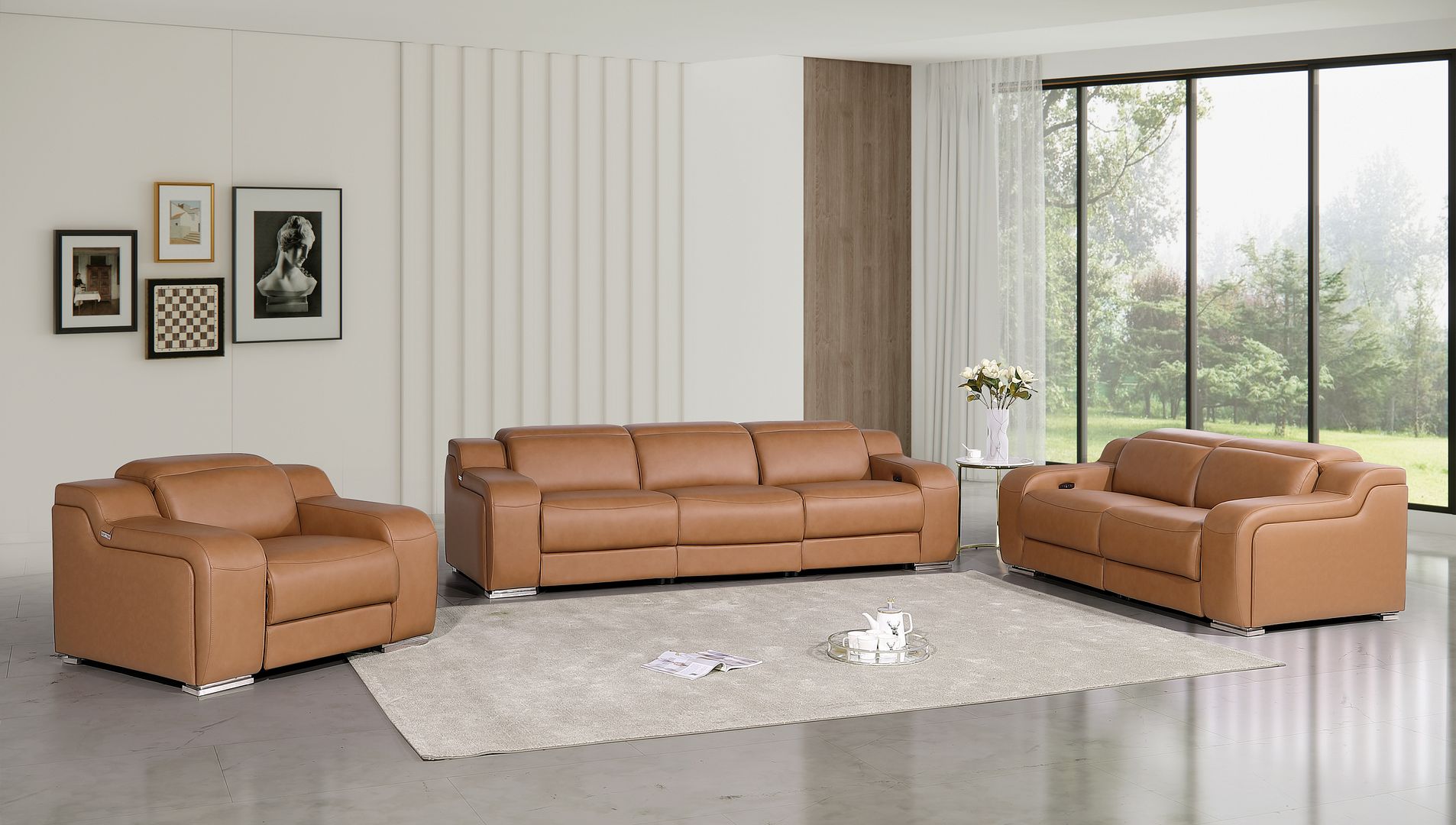 1116 Divanitalia 6-Piece Modular Power Reclining Sofa, Loveseat & Chair Set in Top Grain Italian Leather with 5 Power Recliners & Power Headrests - Cognac