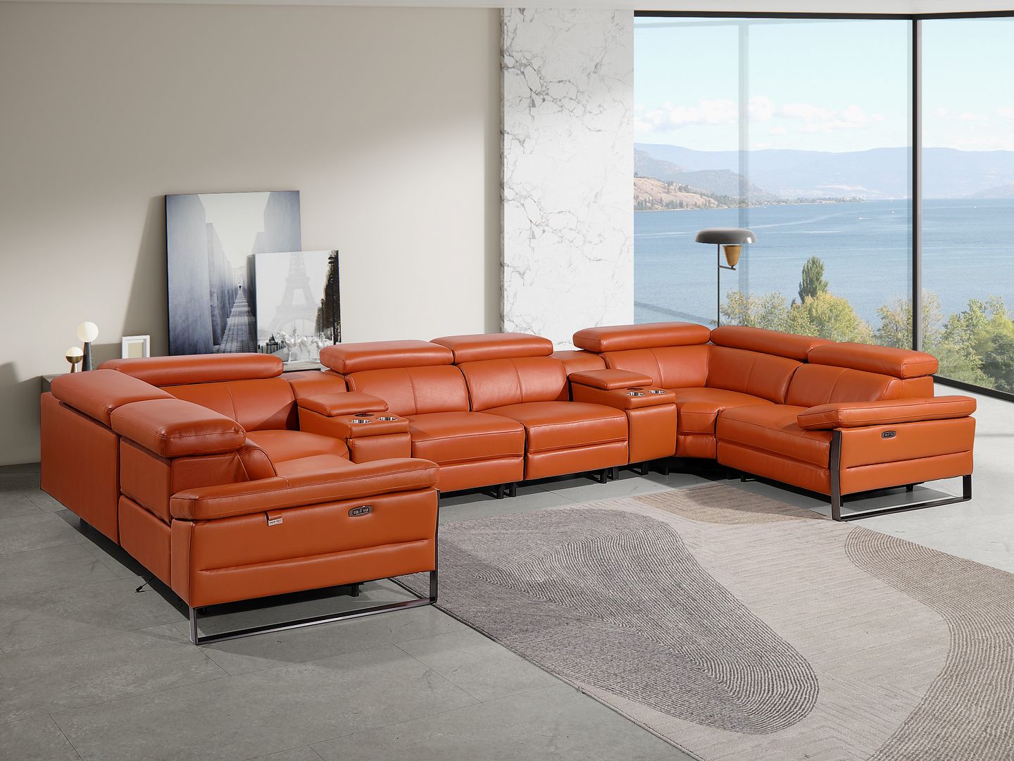 1246 Divanitalia 8-Piece U-Shaped Modular Power Reclining Sectional Sofa with 4 Power Recliners and Power Headrests - Top Grain Italian Leather - Camel