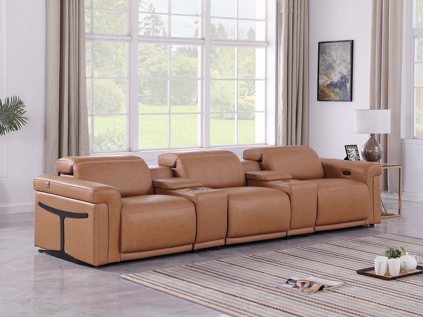 1126 Divanitalia 5-Piece Modular Power Reclining Sofa in Top Grain Italian Leather with 3 Power Recliners & Power Headrests - Cognac