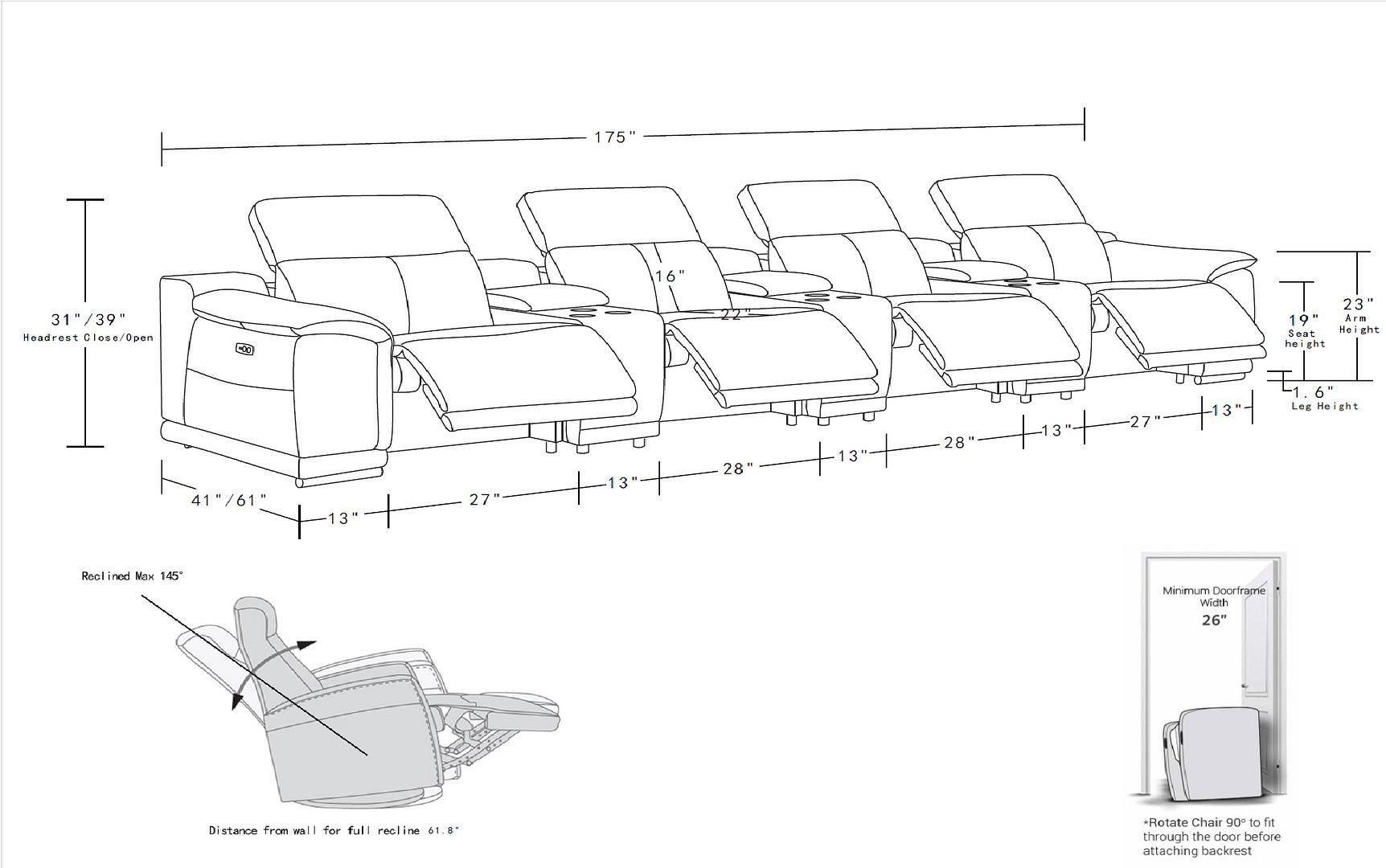 9762 Divanitalia 7-Piece Modular Top Grain Italian Leather Power Reclining Sofa with 4 Power Recliners