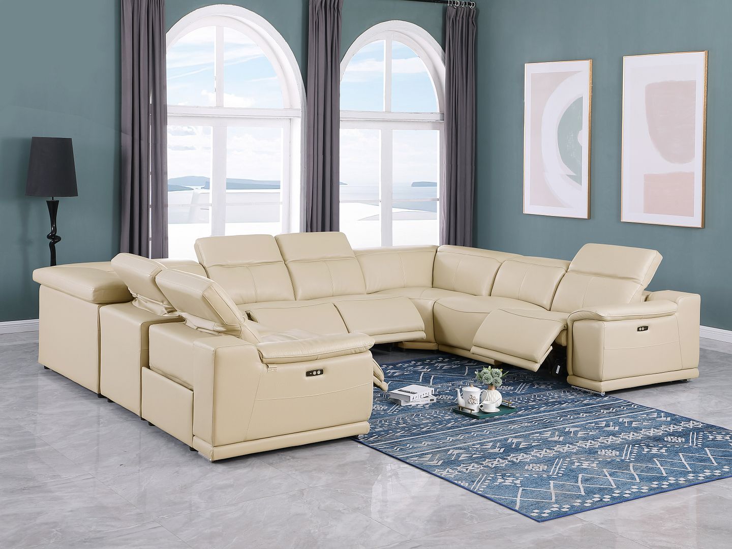 9762 Divanitalia 8-Piece U-Shaped Top Grain Italian Leather Sectional Sofa with 4 Power Recliners