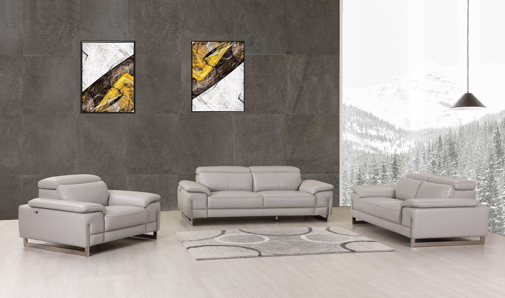 636 Divanitalia 3-Piece Sofa Set with Adjustable Headrest in Top-grain Italian Leather - Light Grey - SKU 636- LIGHT GRAY 3PC (S/L/CH) - GROUP