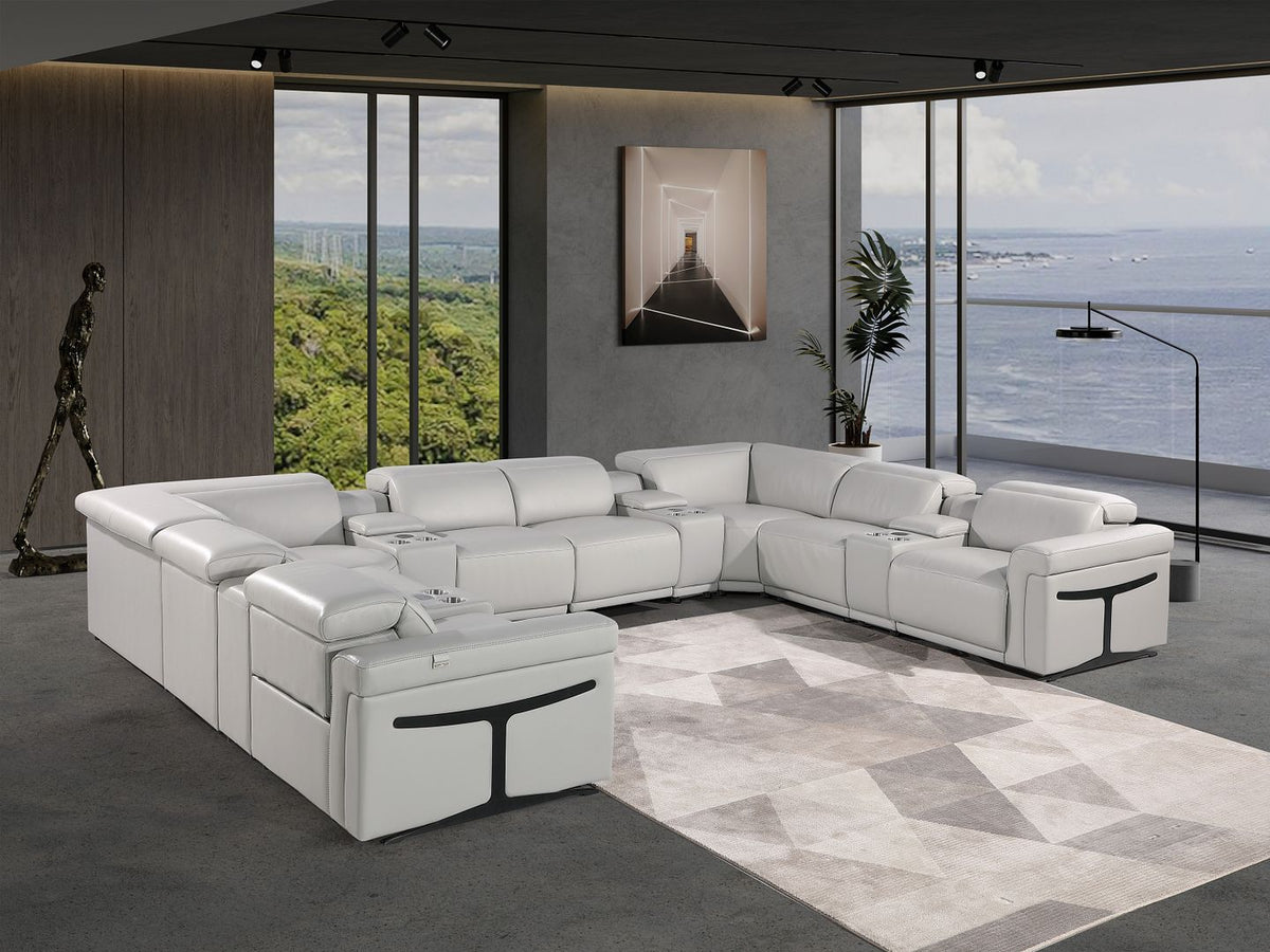 1126 Divanitalia 12-Piece U-Shaped Sectional Sofa in Top Grain Italian Leather with 4 Power Recliners & Power Headrests - Light Grey - SKU 1126-LT_GREY-12PC-4PWR-U-SECTIONAL-GROUP