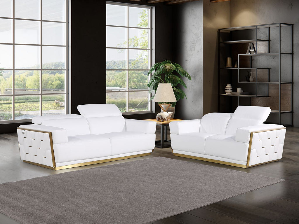 1111 Divanitalia 2-Piece Sofa Set with Adjustable Headrest in Top-grain Italian Leather - White - SKU 1111-WHITE-2PC