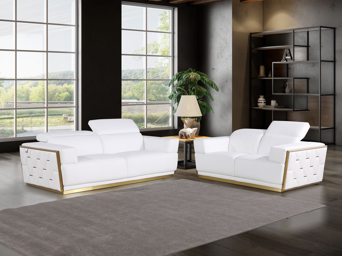 1111 Divanitalia 2-Piece Sofa Set with Adjustable Headrest in Top-grain Italian Leather - White
