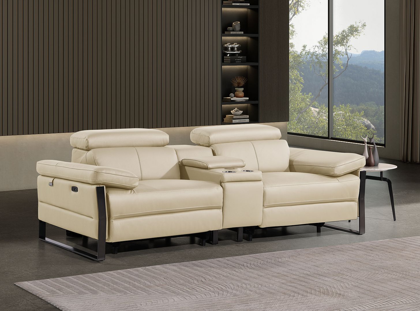 1246 Divanitalia Top Grain Italian Leather Console Loveseat with Power Headrest - Beige - SKU 1246-BEIGE-3.2-HT