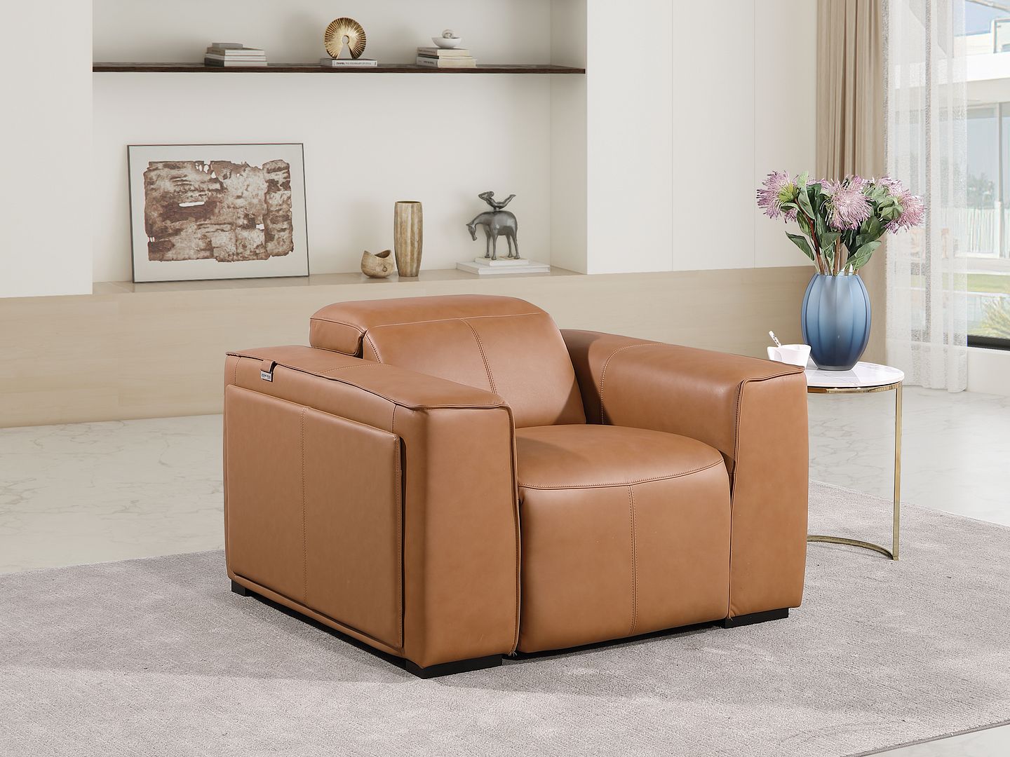 1126 Divanitalia Top Grain Italian Leather Power Reclining Chair with Power Headrests - Cognac