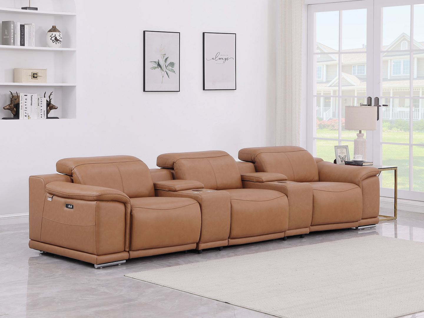 9762 Divanitalia 5-Piece Modular Power Reclining Sofa and Loveseat Set with 3 Power Recliners in Top Grain Italian Leather - Cognac