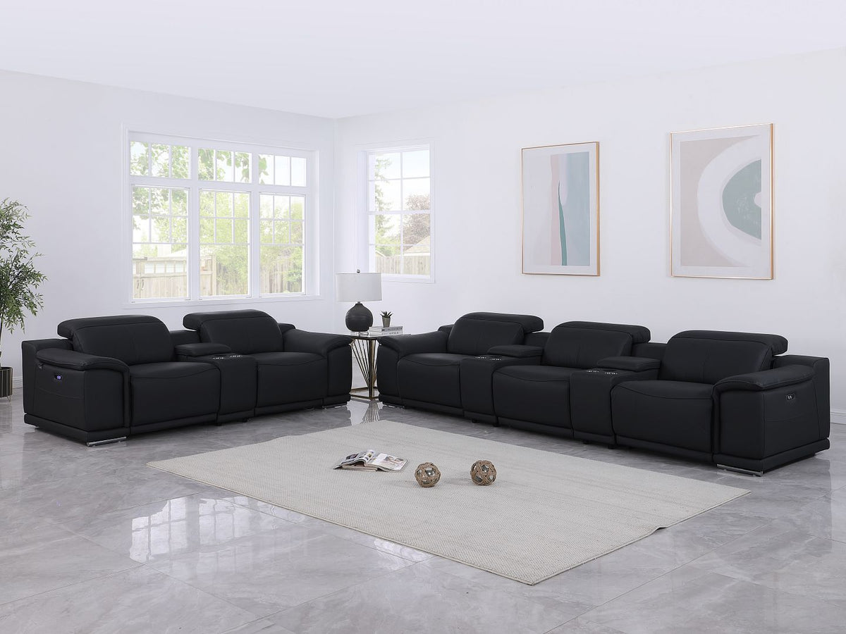 9762 Divanitalia 8-Piece Modular Power Reclining Sofa and Console Loveseat Set with Top Grain Italian Leather - Black - SKU 9762-BLACK-8.5-HT