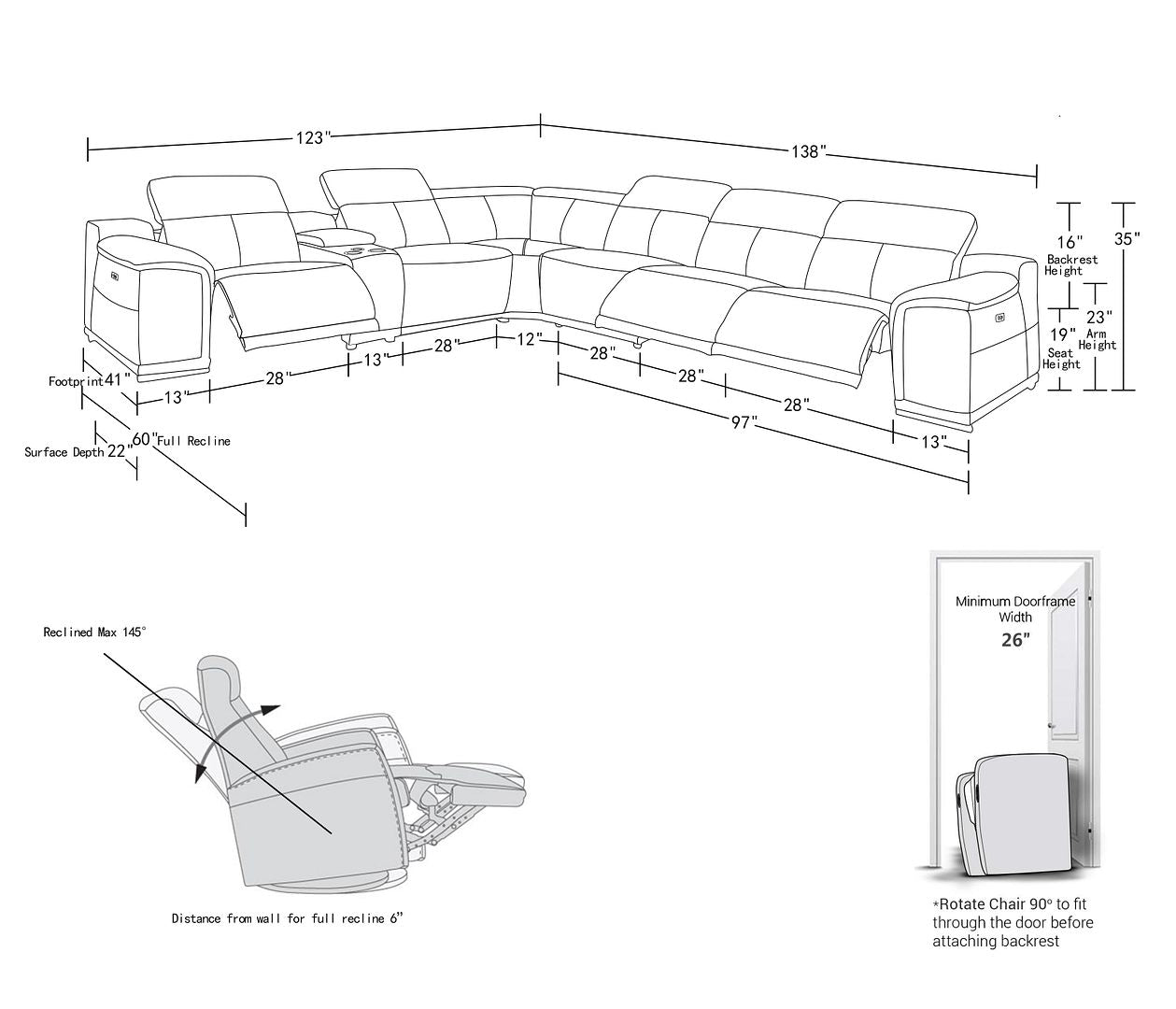 2679 7-Piece L-Shaped Power Reclining Sectional Sofa in Genuine Leather - 3 Recliners