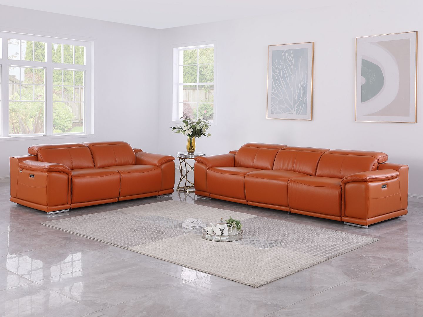 9762 Divanitalia 5-Piece Modular Power Reclining Sofa and Loveseat Set with 5 Power Recliners in Top Grain Italian Leather - Camel