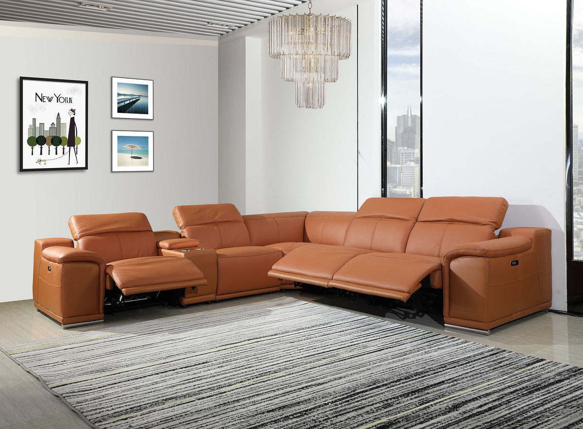 9762 Divanitalia 6-Piece L-Shaped Top Grain Italian Leather Sectional Sofa with 3 Power Recliners - Camel - SKU 9762-6PC-3PWR-SECTIONAL- CAMEL - GROUP