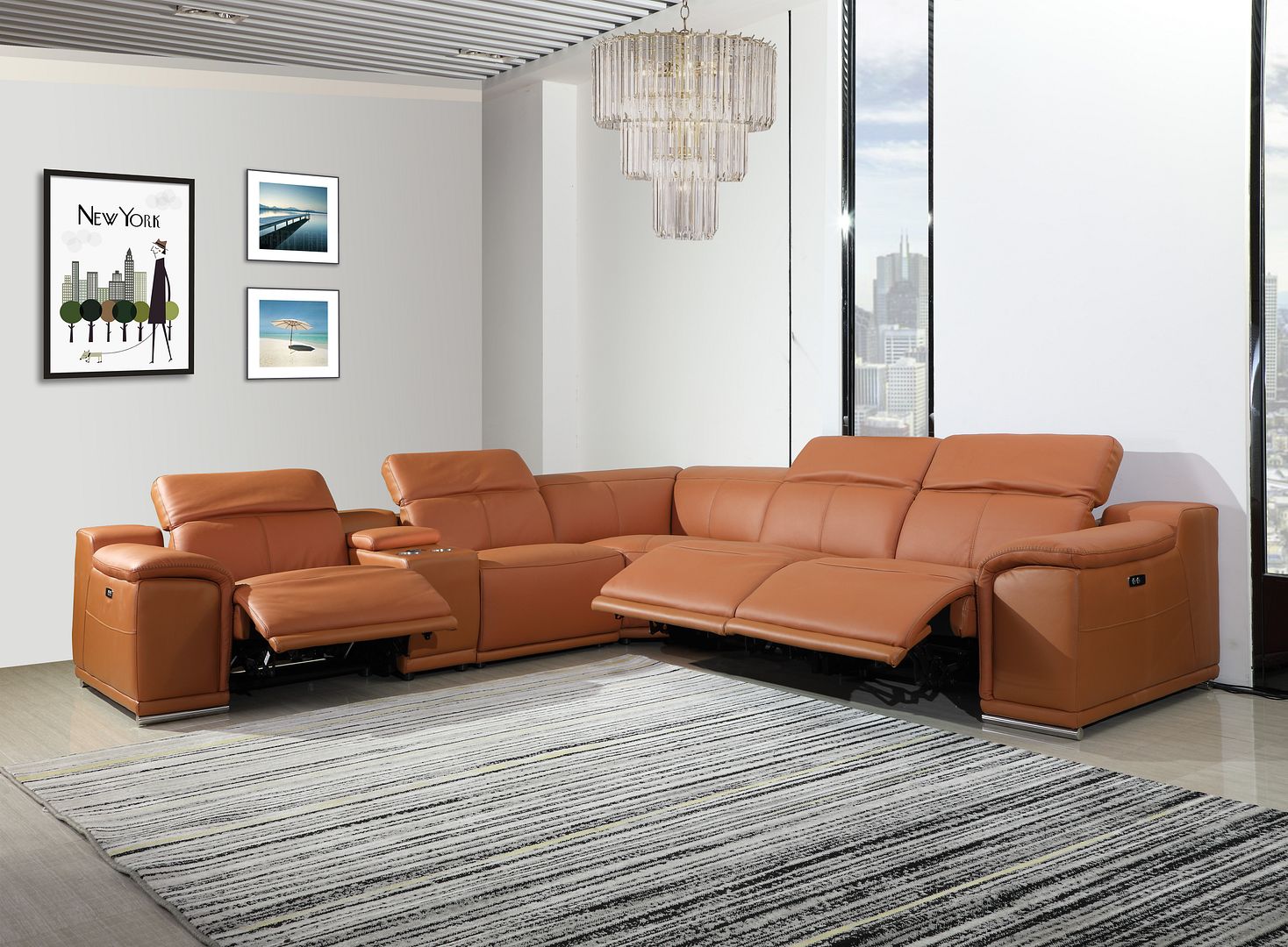 9762 Divanitalia 6-Piece L-Shaped Top Grain Italian Leather Sectional Sofa with 3 Power Recliners - Camel