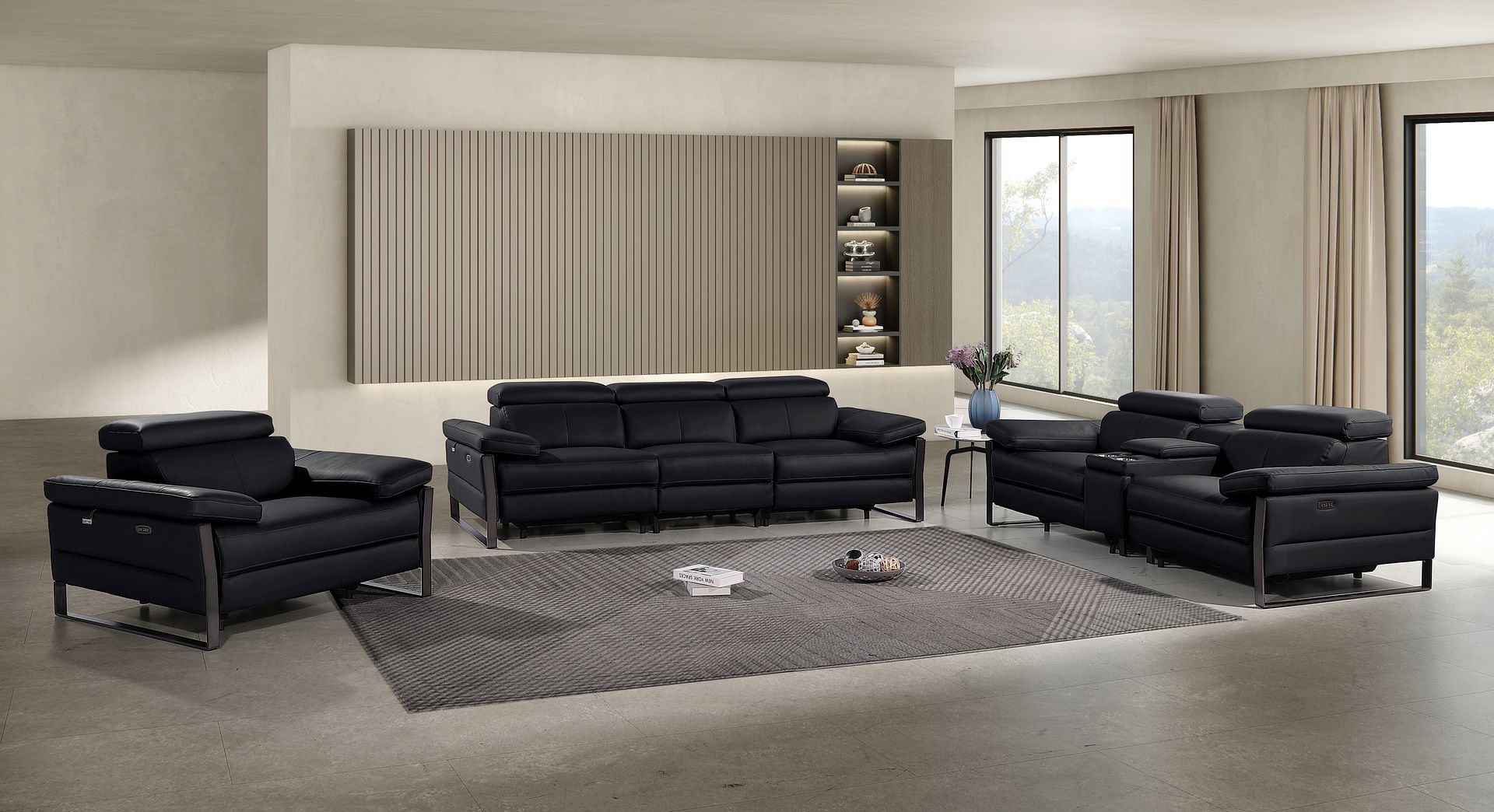 1246 Divanitalia Modular Power Dual Reclining Sofa, Console Loveseat, and Chair Set with Power Headrests - Top Grain Italian Leather - Black