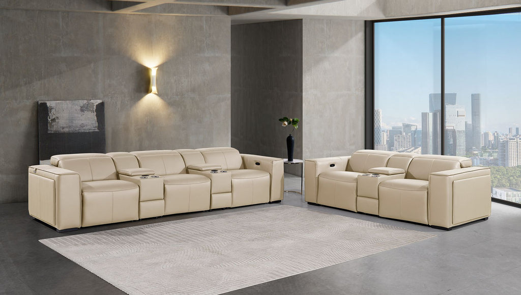 1224 Divanitalia 8-Piece Modular Power Reclining Sofa & Loveseat Set in Top Grain Italian Leather with 5 Power Recliners & Power Headrests - Beige - SKU 1224-BEIGE-8.5-HT-2PC