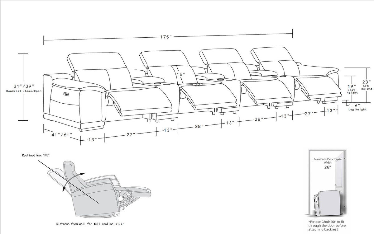 9762 Divanitalia 7-Piece Modular Top Grain Italian Leather Power Reclining Sofa with 4 Power Recliners - Cognac - SKU 9762-COGNAC-S-7.4-HT - view 16