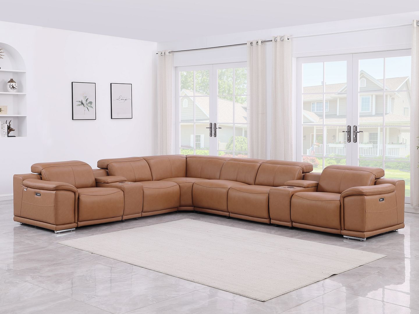 9762 Divanitalia 8-Piece L-Shaped Top Grain Italian Leather Sectional Sofa with 4 Power Recliners - Cognac