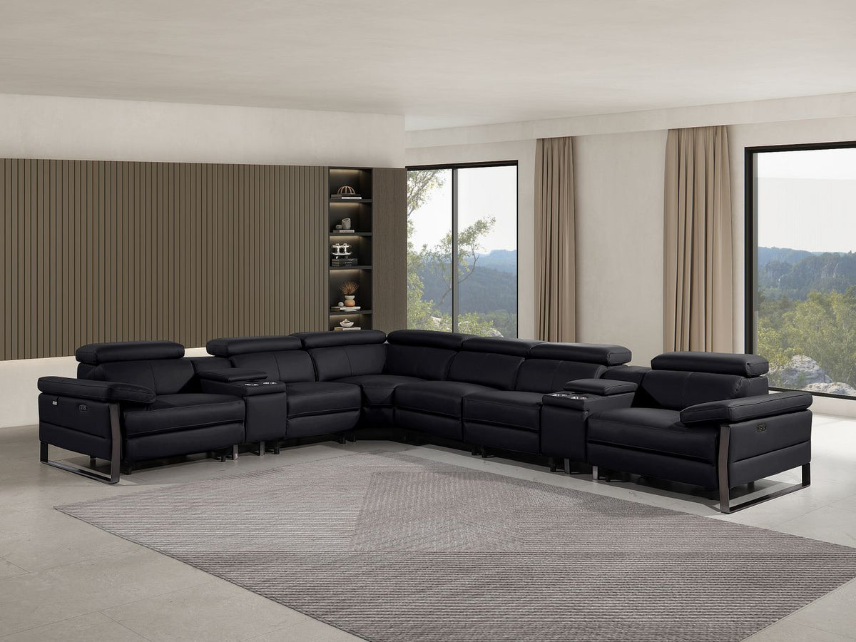 1246 Divanitalia 8-Piece L-Shaped Modular Power Reclining Sectional Sofa with 3 Power Recliners and Power Headrests - Top Grain Italian Leather - Black - SKU 1246-BLACK-8PC-3PWR-SECTIONAL