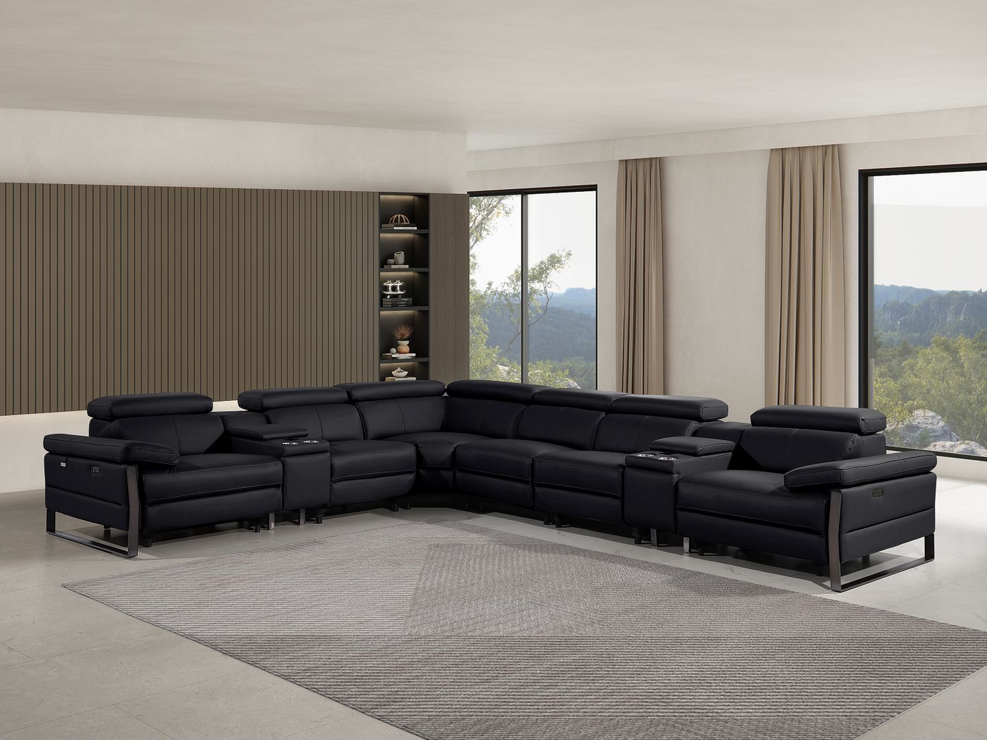 1246 Divanitalia 8-Piece L-Shaped Modular Power Reclining Sectional Sofa with 3 Power Recliners and Power Headrests - Top Grain Italian Leather - Black