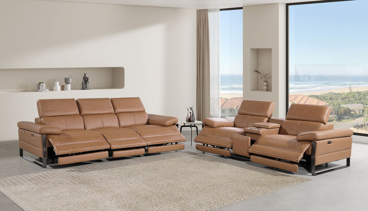 1246 Divanitalia Modular Power Triple Reclining Sofa and Console Loveseat Set with Power Headrests - Top Grain Italian Leather - Cognac - SKU 1246-COGNAC-6.5-HT-2PC - view 2