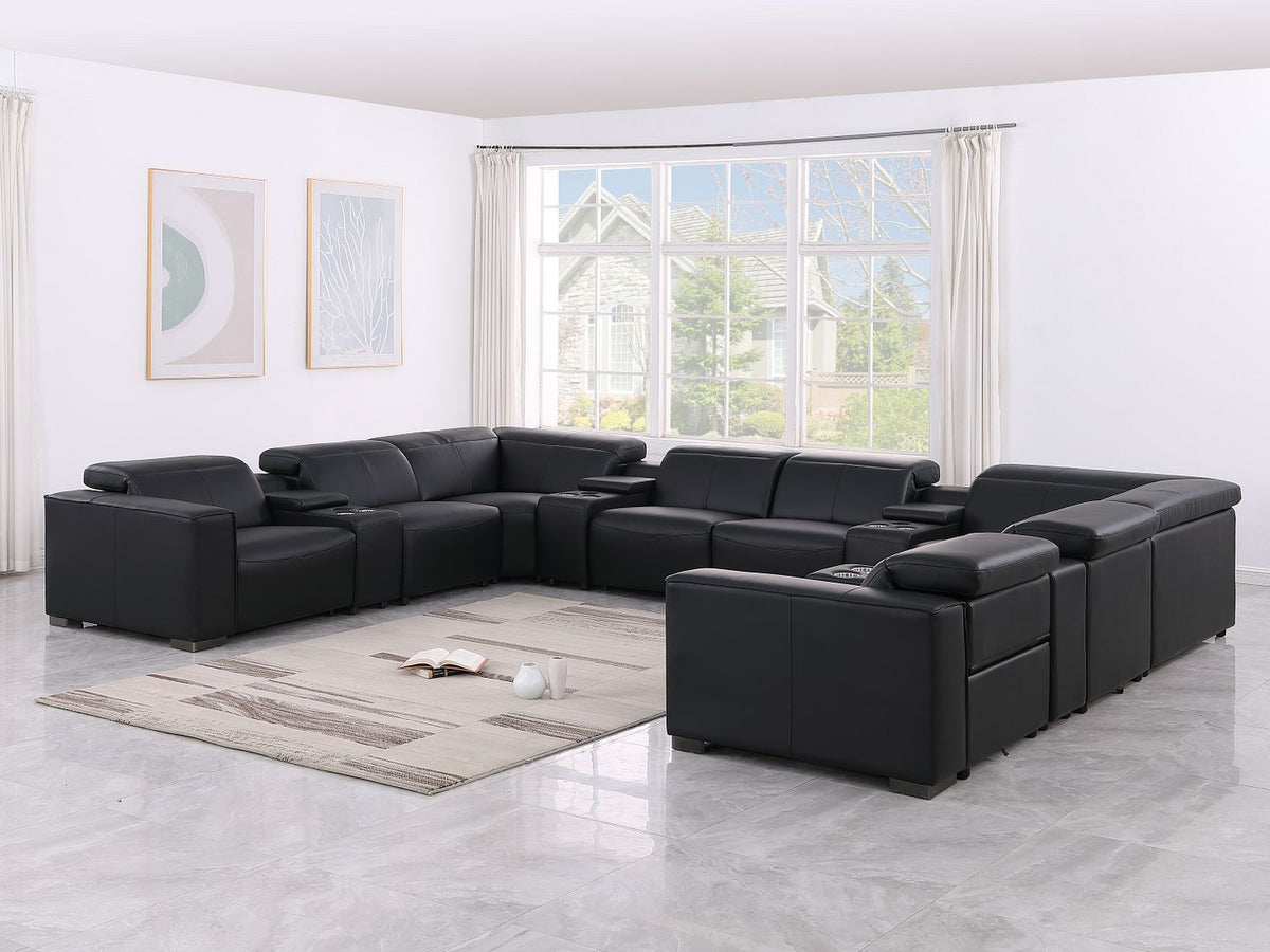 1208 12 Piece U-Shaped Leather Sectional Sofa with 4 Power Recliners & Power Headrest - Black - SKU 1208-BLACK-12PC-4PWR-U-SECTIONAL-GROUP