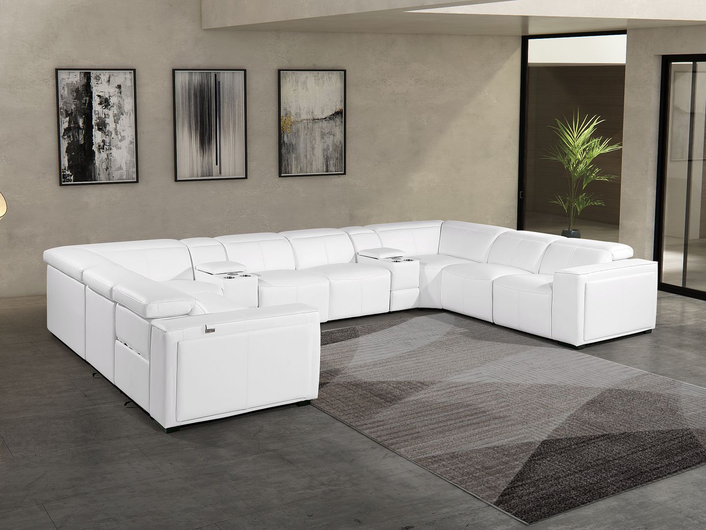 1224 Divanitalia 10-Piece U-Shaped Sectional Sofa in Top Grain Italian Leather with 4 Power Recliners & Power Headrests - White