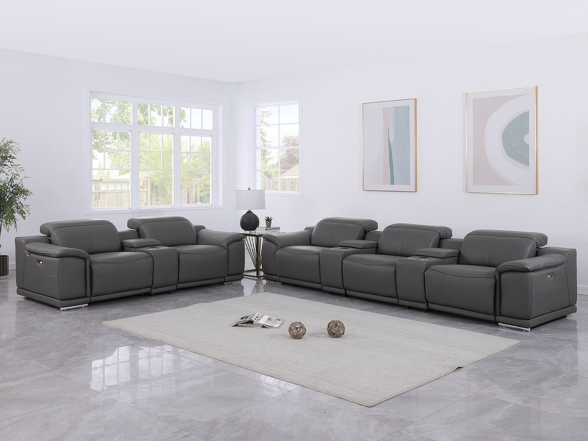 9762 Divanitalia 8-Piece Modular Power Reclining Sofa and Console Loveseat Set with Top Grain Italian Leather - Dark Grey - SKU 9762-DK-GREY-8.5-HT