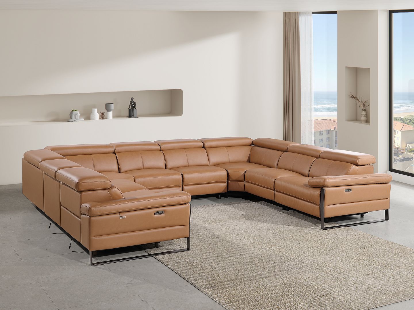 1246 Divanitalia 8-Piece U-Shaped Modular Power Reclining Sectional Sofa with 4 Power Recliners and Power Headrests - Top Grain Italian Leather - Cognac