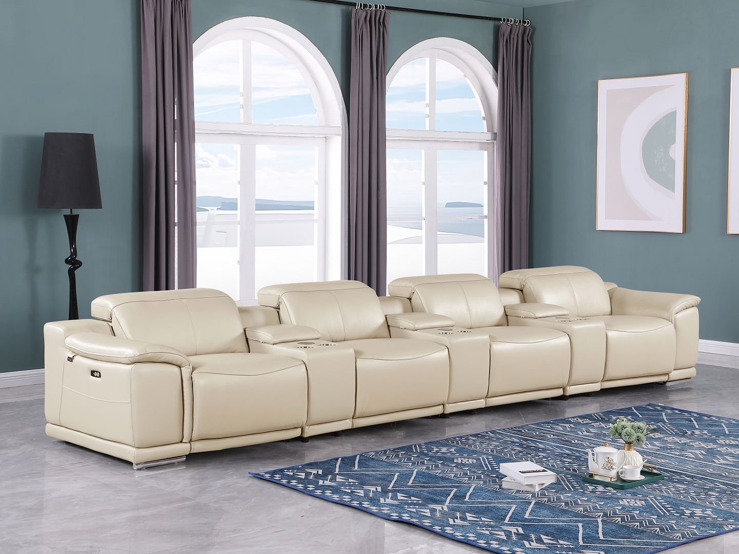9762 Divanitalia 7-Piece Modular Top Grain Italian Leather Power Reclining Sofa with 4 Power Recliners - Beige