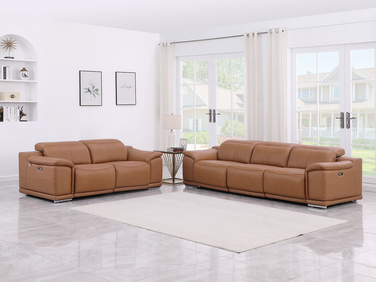 9762 Divanitalia 5-Piece Modular Power Reclining Sofa and Loveseat Set with 5 Power Recliners in Top Grain Italian Leather - Cognac - SKU 9762-COGNAC-5.4-HT-2PC