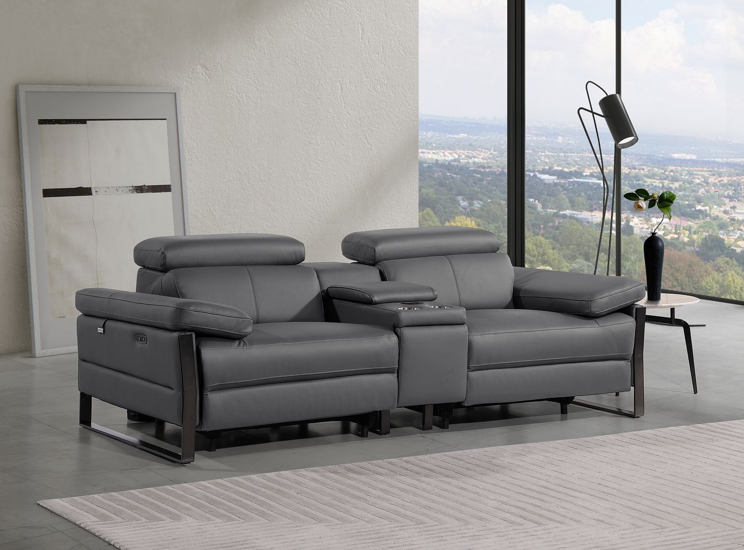 1246 Divanitalia Top Grain Italian Leather Console Loveseat with Power Headrest - Dark Grey - SKU 1246-DK-GREY-3.2-HT