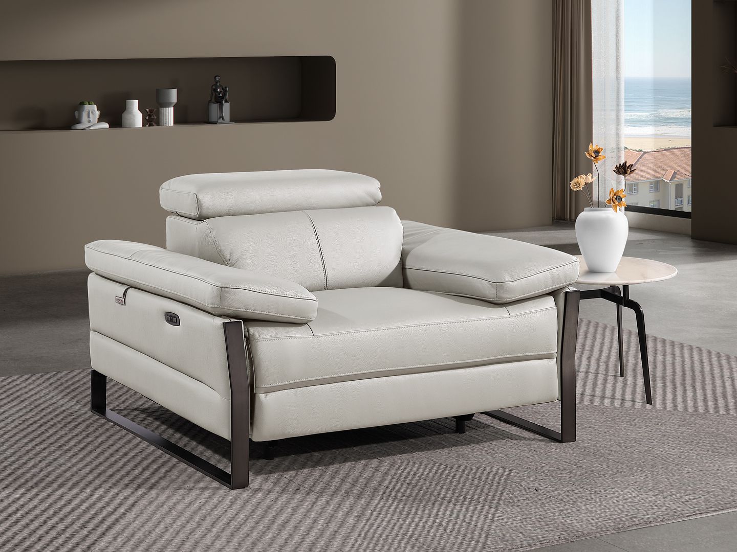 1246 Divanitalia Power Reclining Arm Chairwith Power Headrests - Top Grain Italian Leather - Light Grey