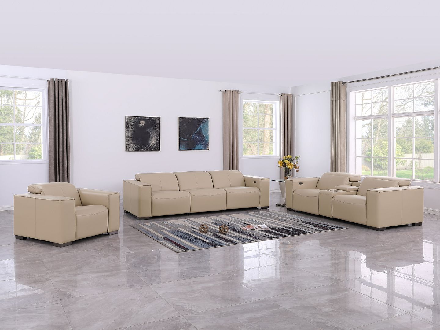1208 Modular Leather Set with 5 Power Recliners & Power Headrests - Beige