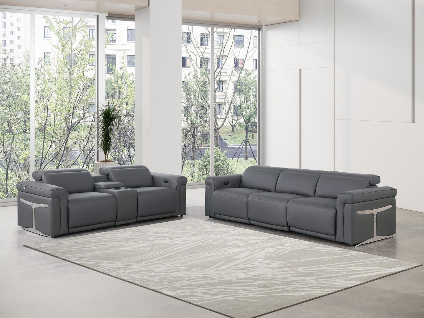 1126 Divanitalia 6-Piece Modular Power Reclining Sofa and Console Loveseat Set in Top Grain Italian Leather with 5 Power Recliners & Power Headrests - Dark Grey