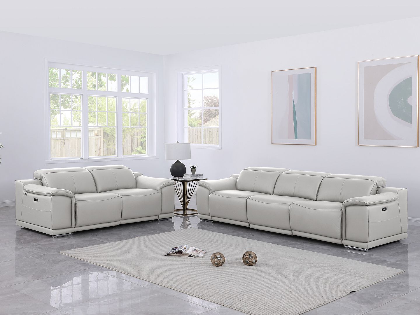 9762 Divanitalia 5-Piece Modular Power Reclining Sofa and Loveseat Set with 5 Power Recliners in Top Grain Italian Leather - Light Grey