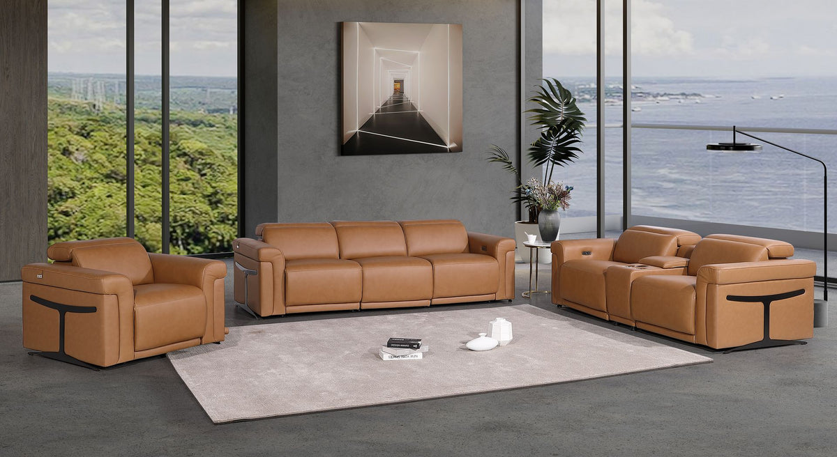 1126 Divanitalia 7-Piece Modular Power Reclining Sofa, Loveseat & Chair Set in Top Grain Italian Leather with 5 Power Recliners & Power Headrests - Cognac - SKU 1126-COGNAC-7.5-HT-3PC