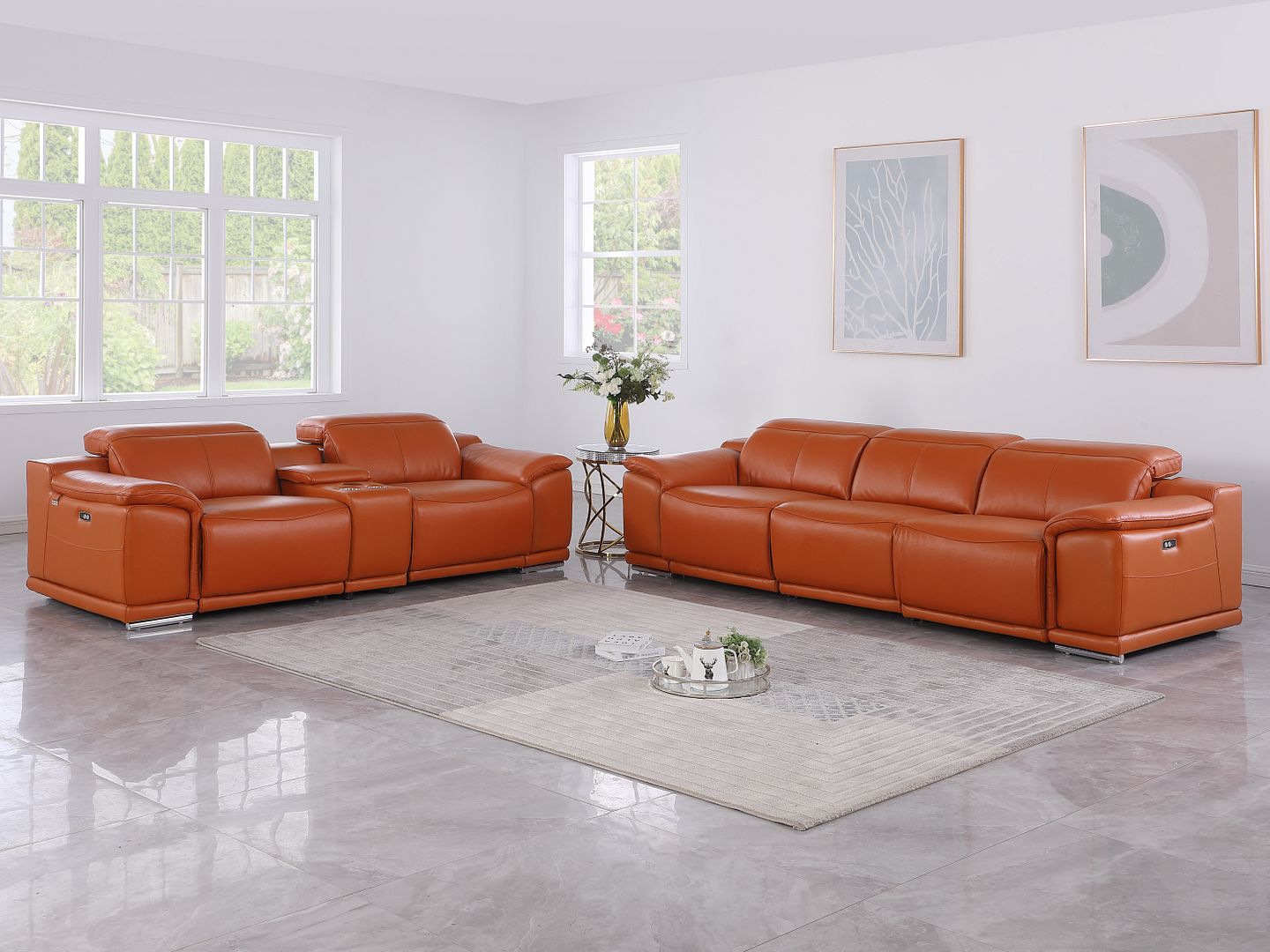 9762 Divanitalia 6-Piece Modular Power Reclining Sofa and Console Loveseat Set with 5 Power Recliners in Top Grain Italian Leather - Camel
